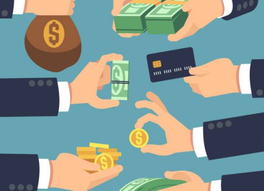 Businessman hand holding money. Flat icons for loan, paying and cash back concept. Vector money cash, pay and giving illustration